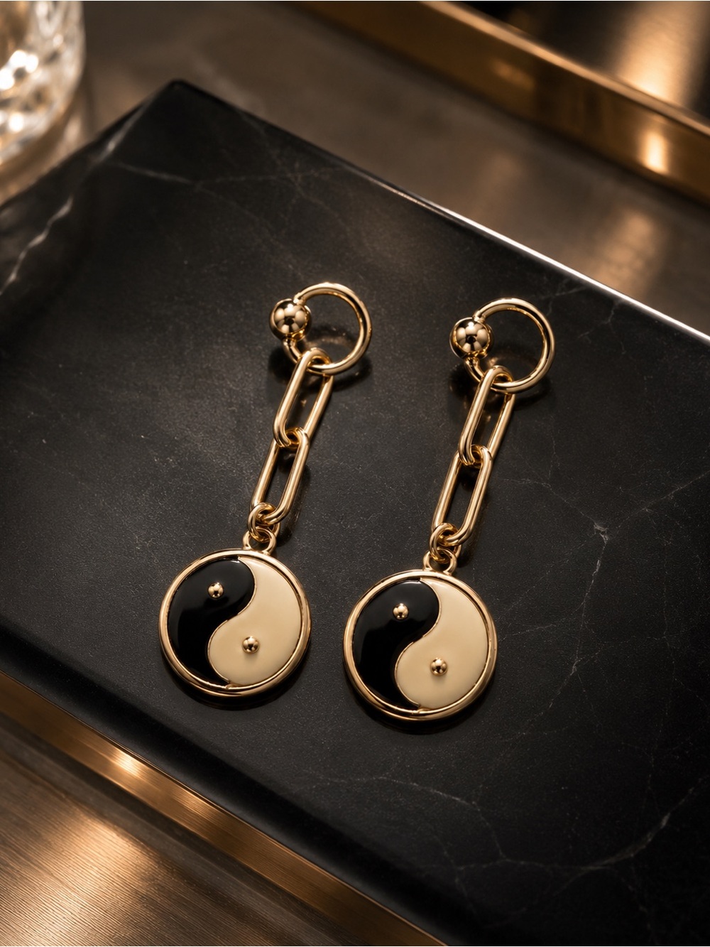 Gold and Black Yin Yang Earrings
